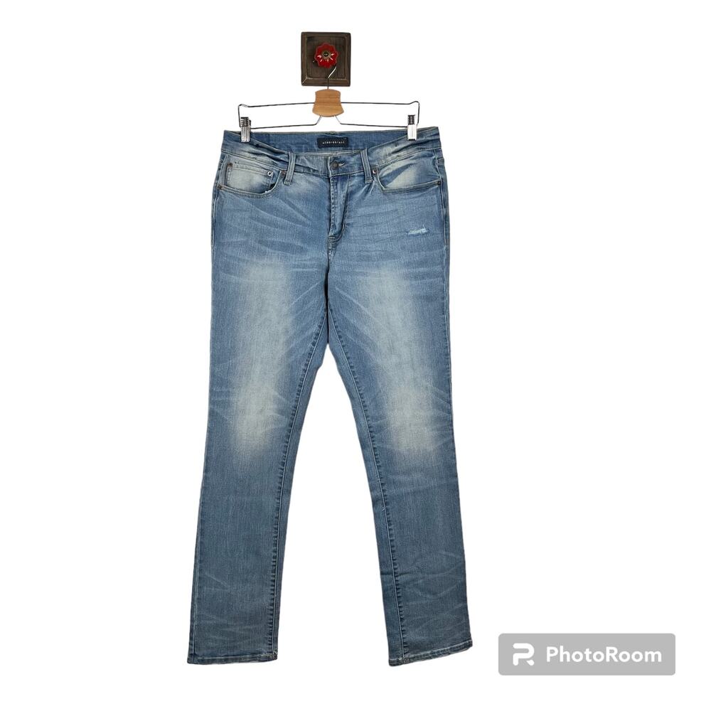 Mens Aeropostale Light Denim Jeans Faded Distressed Slim Straight Size 32 / 34